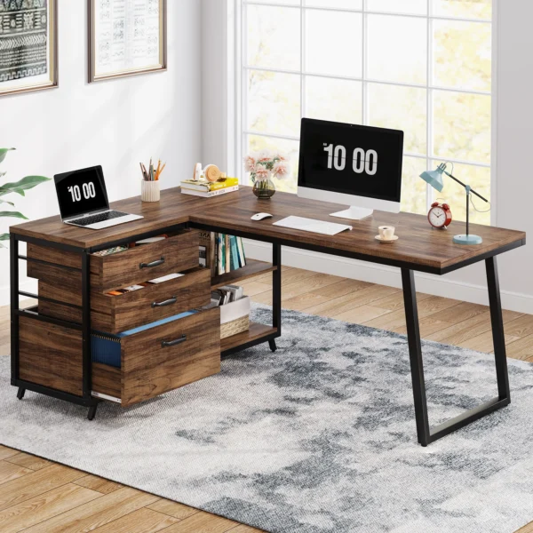 Tribesigns L-Shaped Computer Desk with 3 Drawers, Reversible Corner Home Office Desk with Shelves, 53-Inch Industrial PC Desk St - Image 3