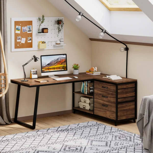 Tribesigns L-Shaped Computer Desk with 3 Drawers, Reversible Corner Home Office Desk with Shelves, 53-Inch Industrial PC Desk St - Image 6
