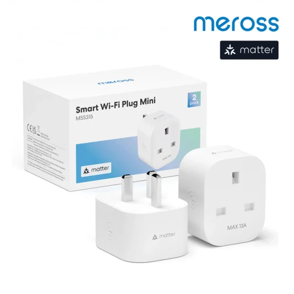 Meross 2 Pack 13A Matter Smart Wi-Fi UK Plug with Energy Monitor Function Work with Apple Homekit Google Home Smartthings Alexa