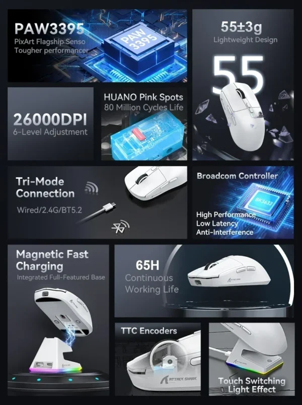 Attack Shark X6 PAW3395 Bluetooth Mouse,2.4 Tri-Mode Connection, RGB Touch Magnetic Charging Base, Macro Gaming Mouse - Image 2