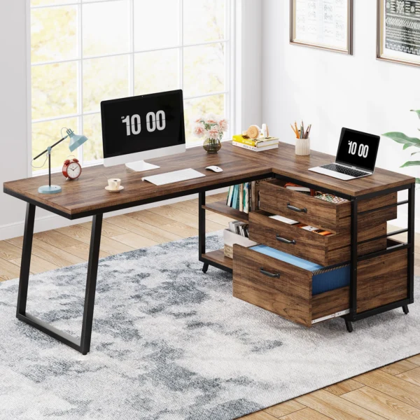 Tribesigns L-Shaped Computer Desk with 3 Drawers, Reversible Corner Home Office Desk with Shelves, 53-Inch Industrial PC Desk St - Image 2