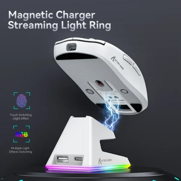 Attack Shark X6 PAW3395 Bluetooth Mouse,2.4 Tri-Mode Connection, RGB Touch Magnetic Charging Base, Macro Gaming Mouse - Image 3