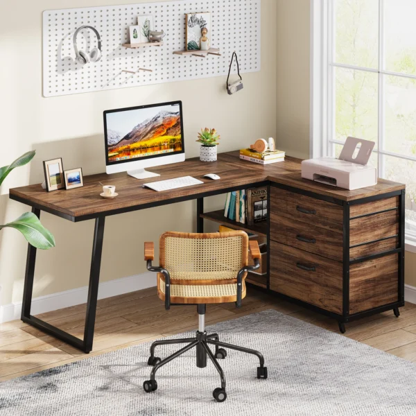 Tribesigns L-Shaped Computer Desk with 3 Drawers, Reversible Corner Home Office Desk with Shelves, 53-Inch Industrial PC Desk St - Image 5