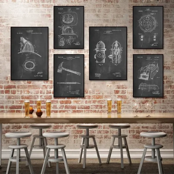 Fire Truck Parts Abstract Lines Wall Decor Poster Vintage Canvas Painting Art Print Industrial Nostalgic Black and White Picture