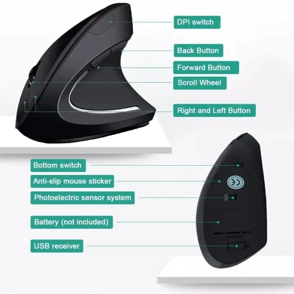 Vertical Mouse Ergonomic 2.4GHz Wireless Optical Mice 3 Adjustable DPI 800/1200/1600 6 Buttons for Laptop PC Computer Desktop - Image 2